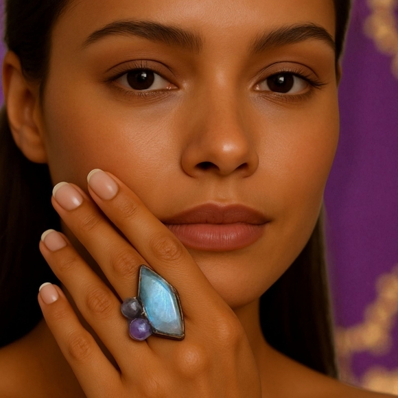 ποΈBoho Chic Labradorite & Amethyst Adjustable Copper Ring Rustic Vintage Style - Picture 16 of 16